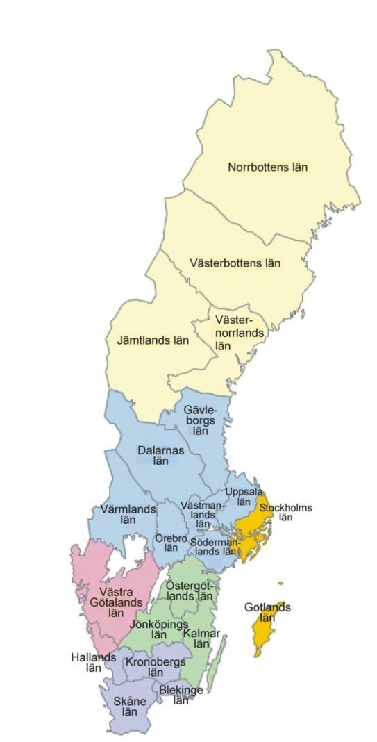 Sjukvårdsregioner i Sverige 6 sjukvårdsregioner. Samarbeta om frågor som rör sjukvård. Samverkan utövas genom en Samverkansnämnd.