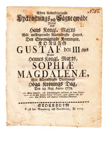 11 [Gustav III.] TÖRNQVIST, Erland. Aldra underdånigaste lyckönsknings och fägneqwäde yttrat vid hans kongl.