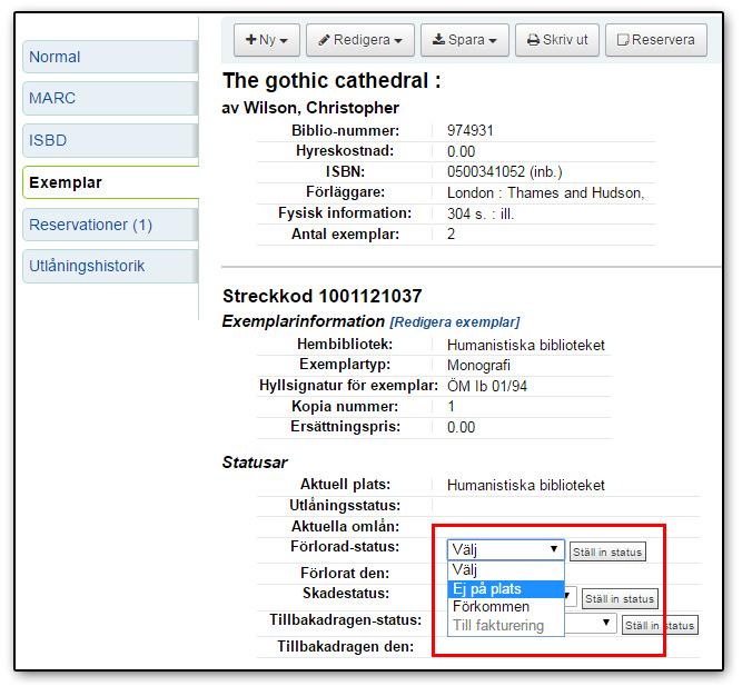 Saknade exemplar Ej På Plats Sök fram boken i katalogen och klicka på titeln. Välj sedan Exemplar i menyn till vänster.
