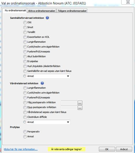 Välj ordinationsorsak när du ordinerar antibiotika i TakeCare.