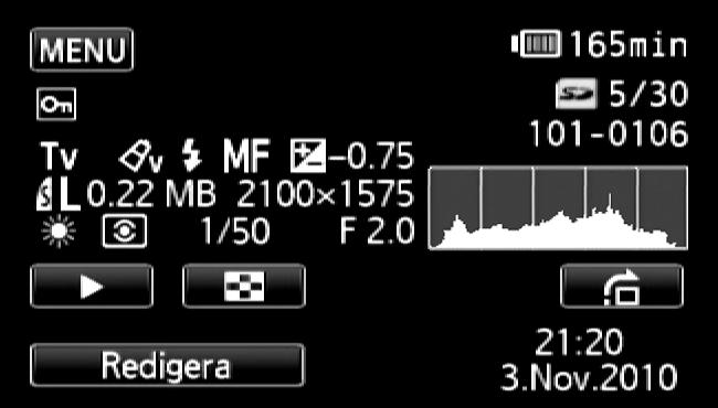 Visa stillbilder Exif-informationspanel Gf Kontrollknapp: Öppna inställningsmenyerna (0 139) Gg Skrivskyddsmarkering (0 110) Gh Aktuell stillbild/totalt antal stillbilder Gj Bildnummer (0 145) Gk