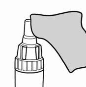 13. Sätt på munstycket och skruva fast det ordentligt så långt det går. När hela dosen (4 kapslar) har inhalerats, torka av munstycket med en ren och torr duk. Tvätta inte inhalatorn med vatten. 14.