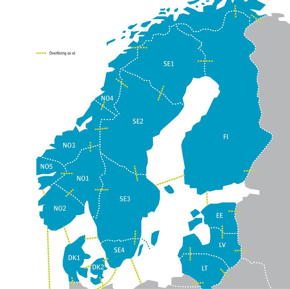 Utöver de överföringar som sker mellan de fyra svenska elområdena är Sverige även marknadskopplat till elområden i Norge (NO), Danmark (DK), Finland (FI), Litauen (LT), Tyskland (DE) samt Polen (PL).