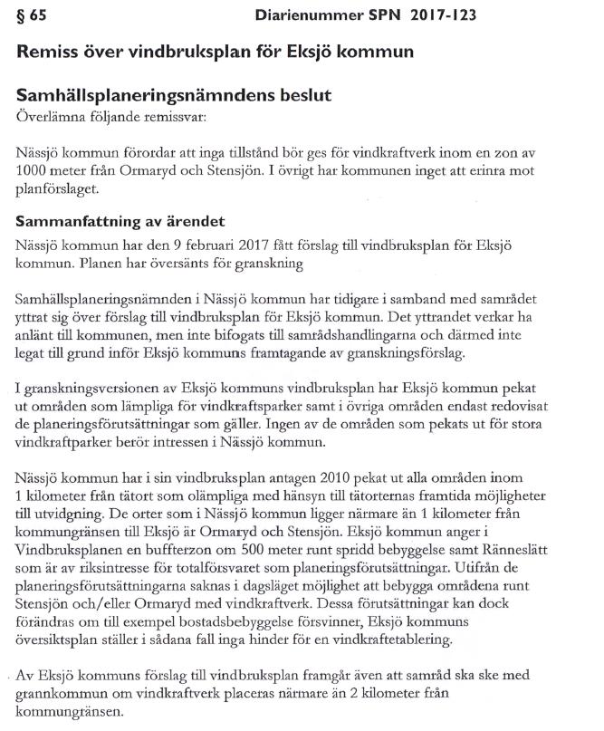 4.3 Nässjö kommun Kommentar: Ett avstånd mellan vindkraftverk och till tätorterna