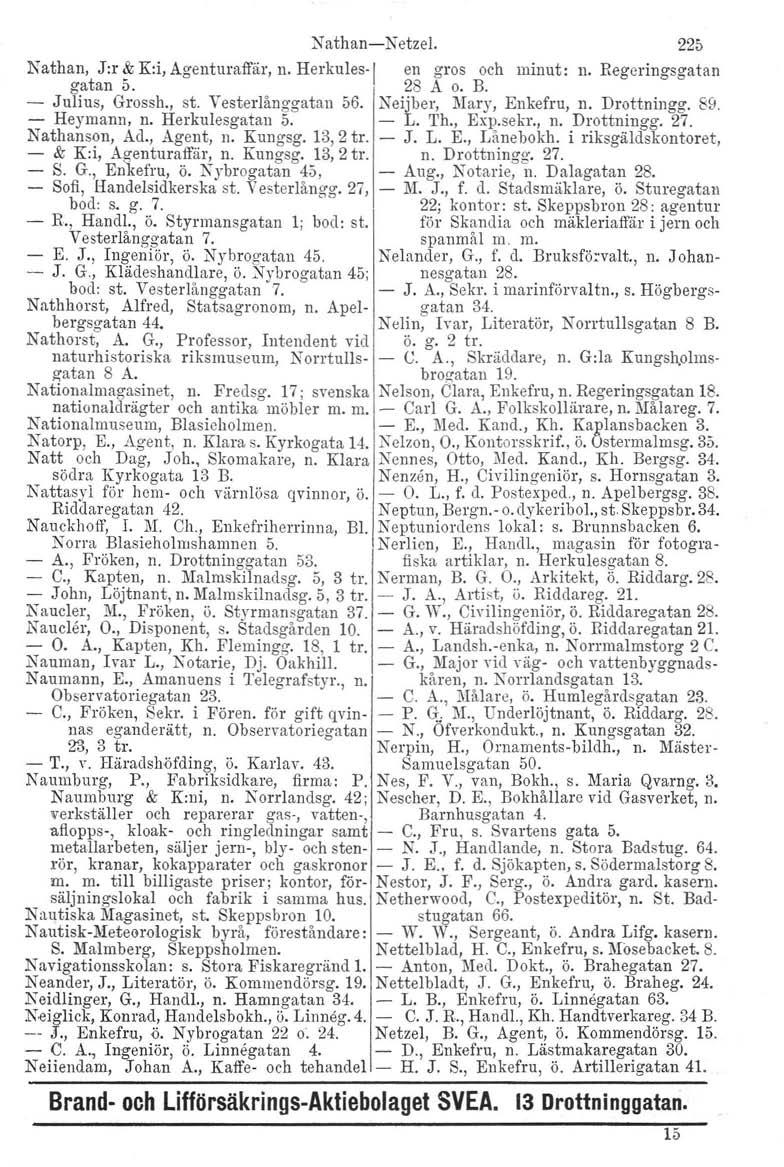 Nathan-Netze!. 225 Nathan, J:r ~ K:i, Agenturaffär, n. Herkules., en gros och minut: n. Regeringsgatan gatan v.. 28 A o. B. - Julius, Grossh., st. Vesterlånggatan 56. Neijber, Mary, Enkefru, n.