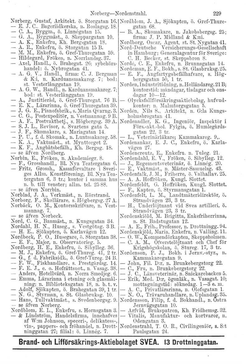 :Norberg- Nordenstrahl, Norberg, Gustaf, Arkitekt. ö. Storgatan 16. Nordblorn, J. A., Sjökapten, ö. Gref-Thure- - E. J. C.. Bageriidkerska. n. Roslagsg. 18. gatan 68. - C. A., Byggm., ö. Linnegatan 15.