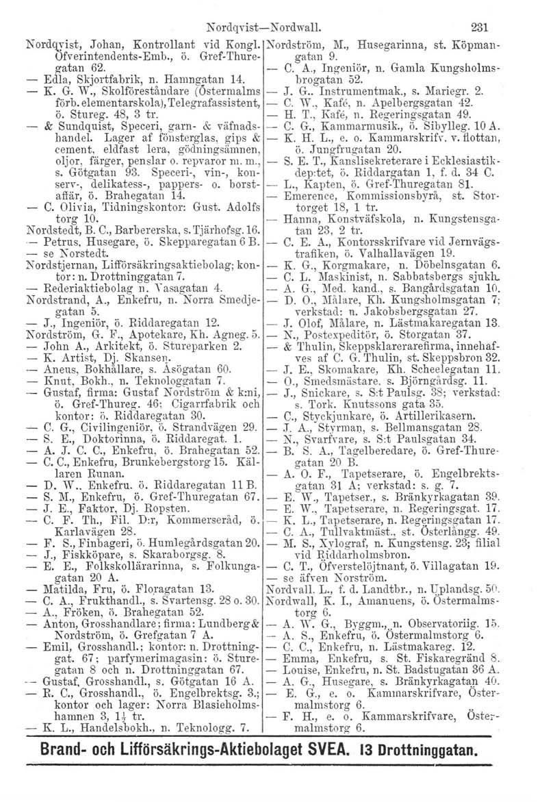 Nordqvist-Kordwall. Nordqy ist, Johan, Kontrollant vid Kongl. Nordström, 11'1.,Husegarinna, Ofverintendeuts-Emb., ö. Gref-Thure- gatan 9. gatan 62. C. A., Ingeniör, n.