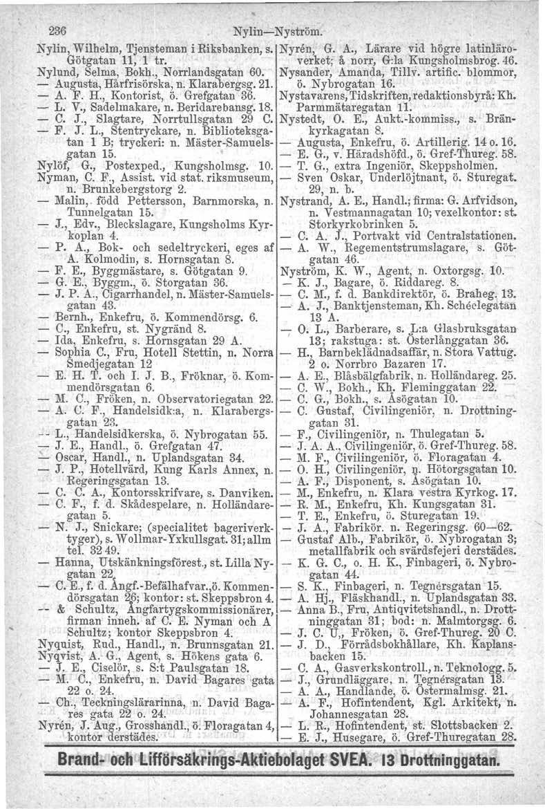 236 Nylin-Nyström. Nylin, Wilhelm, Tjensteman i Riksbanken, s. Nyren, G. A., Lärare vid högre latinläro-. Götgatan 11, 1 tro verket; å norr, G:la Kungsholmsbrog.46. Nylund, Selma, Bokh.