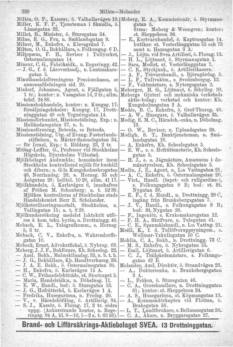 220 Millen-e-Molander Millen, O. P., Kamrer, ö. 'Valhallavägen 19. Moberg, E. A.,. Kommissionär, ö. Styrmans- Miller, K. F. P., Tjensteman i Skandia, ö. gatan 5. Linnegatan 32.