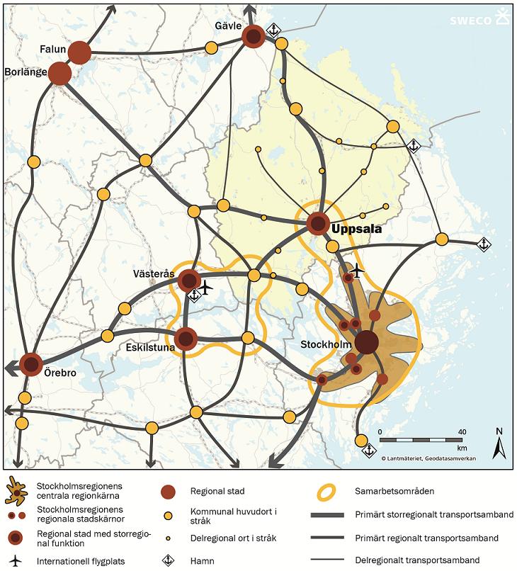 13 (51) 3. Planeringsförutsättningar och nulägesbeskrivning Uppsala län i ett storregionalt perspektiv Uppsala län är en del av Stockholm Mälarregionen. Utbytet är på alla sätt intensivt mellan länen.