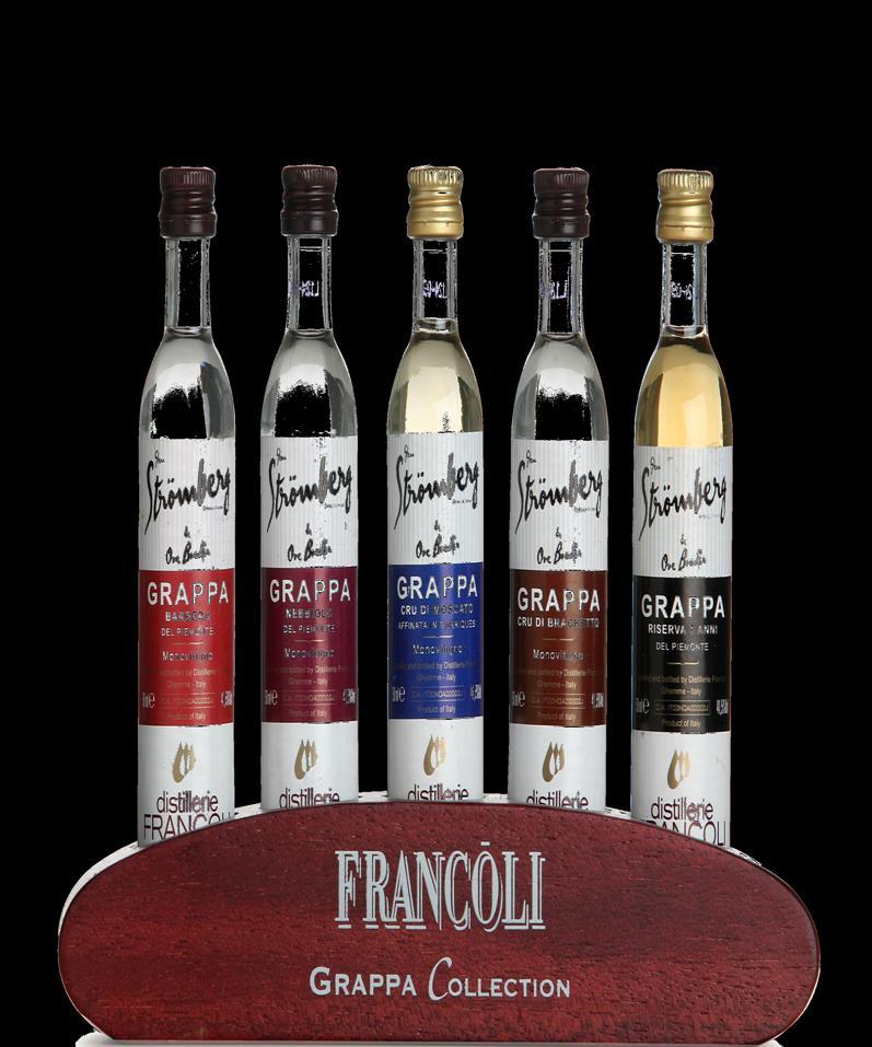 Grappa Glenn Strömberg Collection Producent: Distillerie Francoli Typ: provningsbox bestående av Grappa Nebbiolo/Grappa Barbera/ Grappa Brachetto/Grappa Riserva 5 anni /Grappa Cru di Moscato