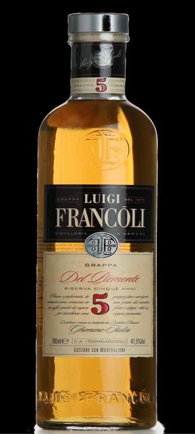 Grappa Francoli Riserva 5 anni Producent: Distillerie Francoli Typ: fatlagrad grappa Druva: barbera, nebbiolo, dolcetto Alkoholhalt: 41,5% Art.