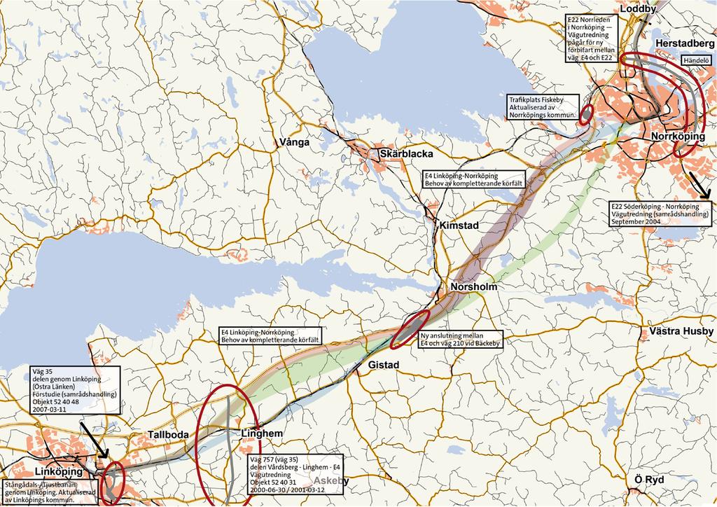 2 F Ö R U T S ÄT T N I N G A R M A R K N A D O C H T R A F I K Ostlänken Järnvägsutredning Norrköping C Linköping C Infrastrukturprojekt under byggande eller utredning Röd korridor Röd korridor Blå