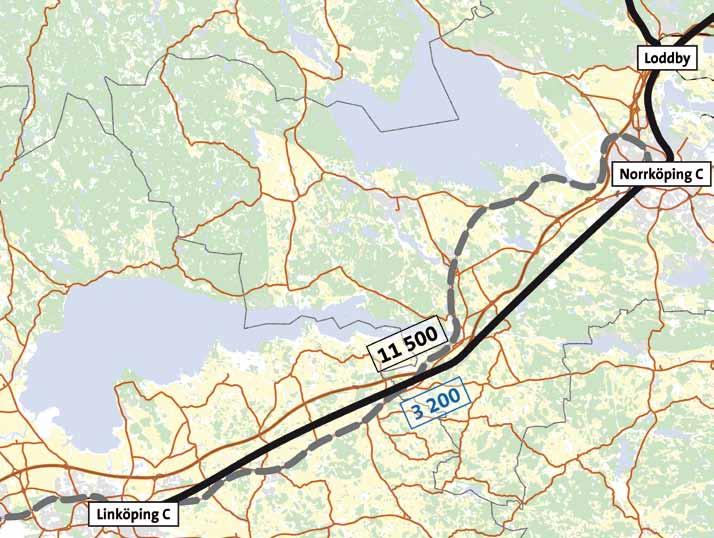 År 2020 och 2030 På det aktuella avsnittet finns det ingen principiell skillnad mellan de tre utredningskorridorerna för Ostlänken när det gäller trafikeringen. I figurerna 2.2.6-2.2.7 redovisas det förväntade antalet resenärer mellan Norrköping och Linköping, dels när Ostlänken är utbyggd år 2020 och dels när hela Götalandsbanan är utbyggd 2030.