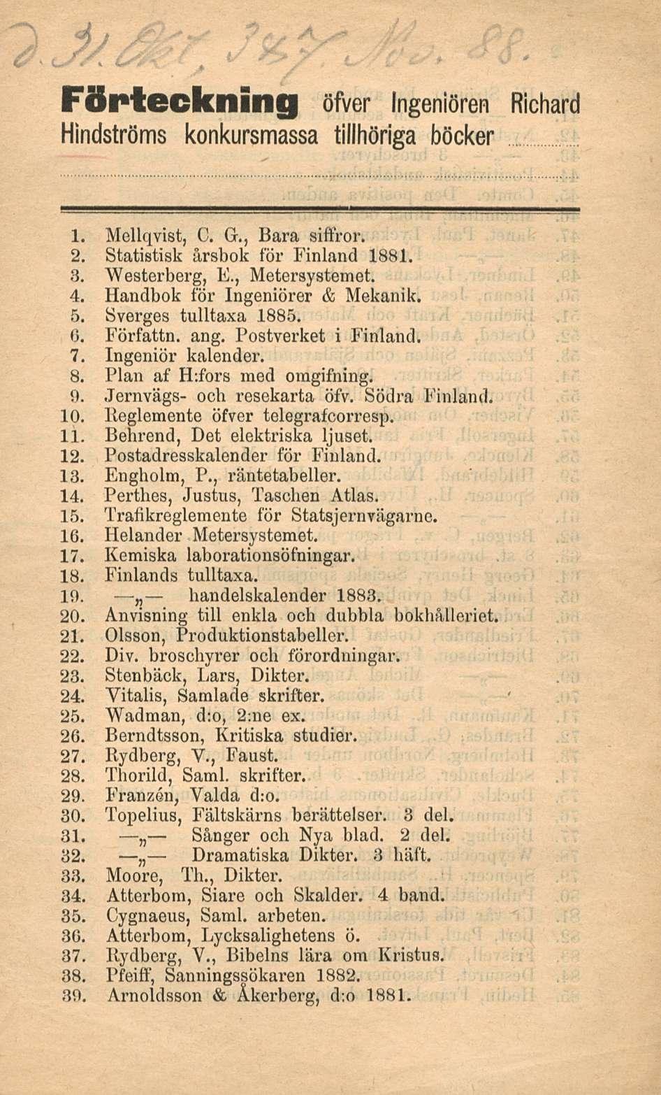 handelskalender FÖrteckning öfver Ingeniören Richard Hindströms konkursmassa tillhöriga böcker 1. Mellqvist, C. Gr., Bara siffror. 2. Statistisk årsbok för Finland 1881. 3. Westerberg, E.