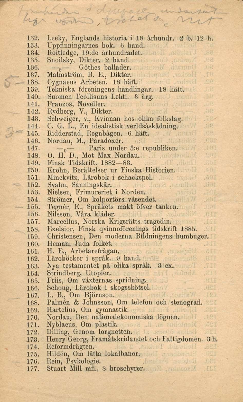 132. Leeky, Englands historia i 18 arhuudr. 2 b. 12 h. 133. Uppfinuingarnes bok. 6 band. 134. Roitledge, 19:de århundradet. 135. Snoilsky, Diktor. 2 band. 136. Göthes ballader. 137. Malmström, B. E., Dikter.