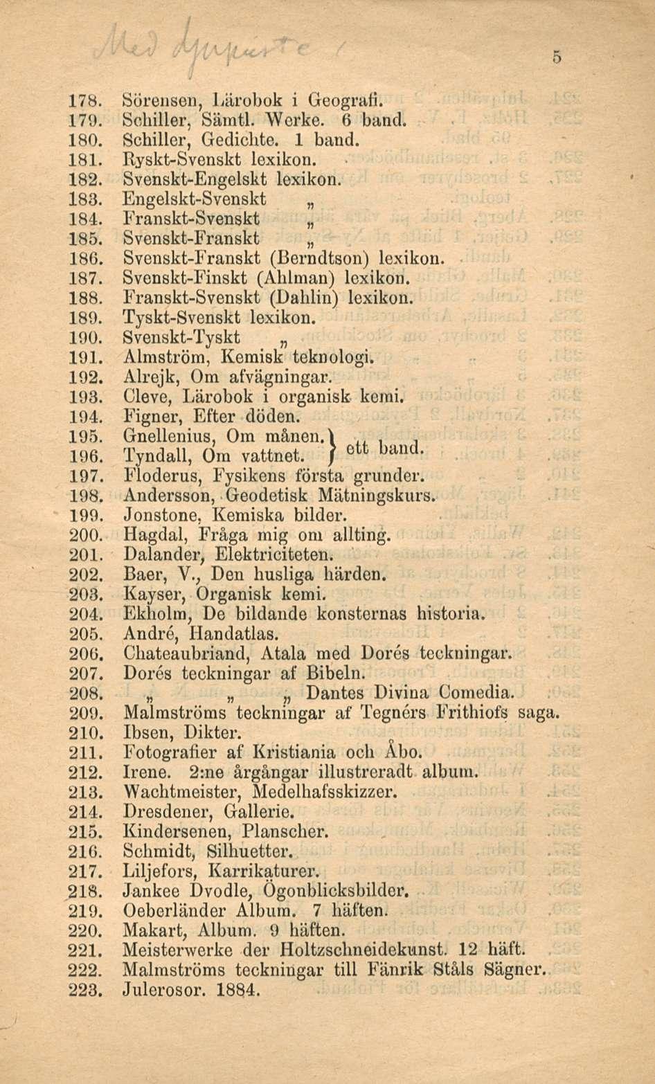 178. Sörensen, Lärobok i Geograii. 179. Schiller, Sämtl. Werke. 6 band. 180. Gedichte. 1 band. 181. Ryskt-Svenskt lexikon. 182. Svenskt-Engelskt lexikon. 183. Engelskt-Svenskt 184.