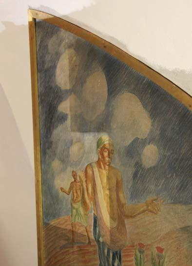 Rengöringen av altartavlan påbörjad. Tavlan var kraftigt nedsmutsad. Konservatorsarbeten Altarmålningen av Gunnar Torhamn rengjordes tillsammans med ovanför sittande strålkrans.