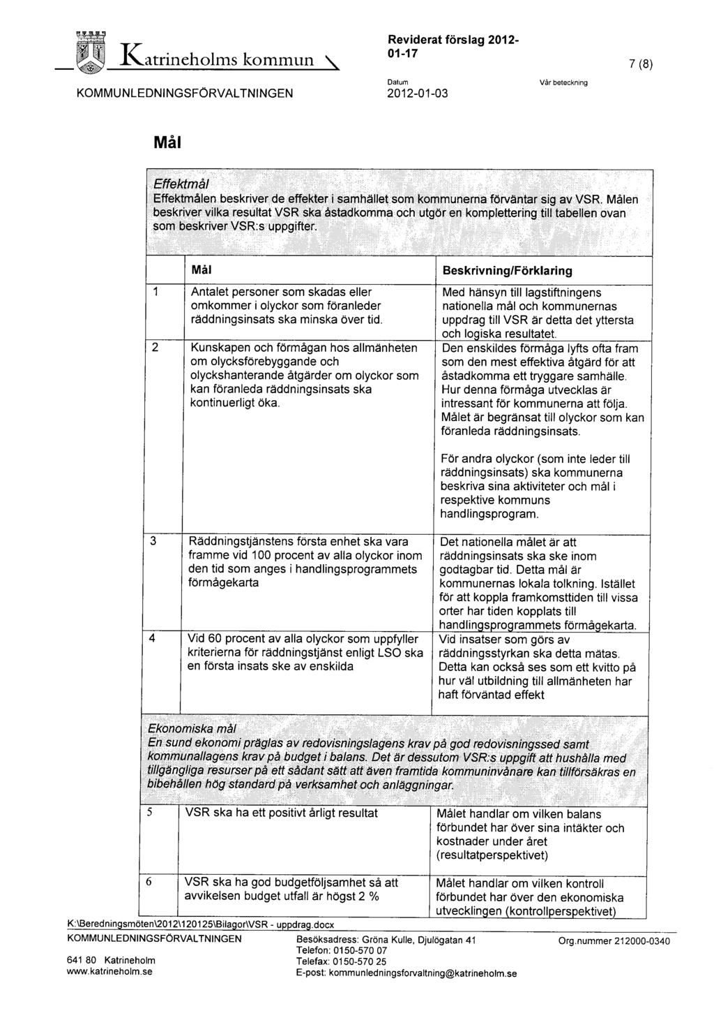 Katrineholms kommun KOMMUNLEDNINGSFÖRVALTNINGEN Reviderat förslag 2012-01-17 Datum 2012-01-03 Vår beteckning 7 (8) Mål Effektmål Effektmålen beskriver de effekter i samhället som kommunerna förväntar