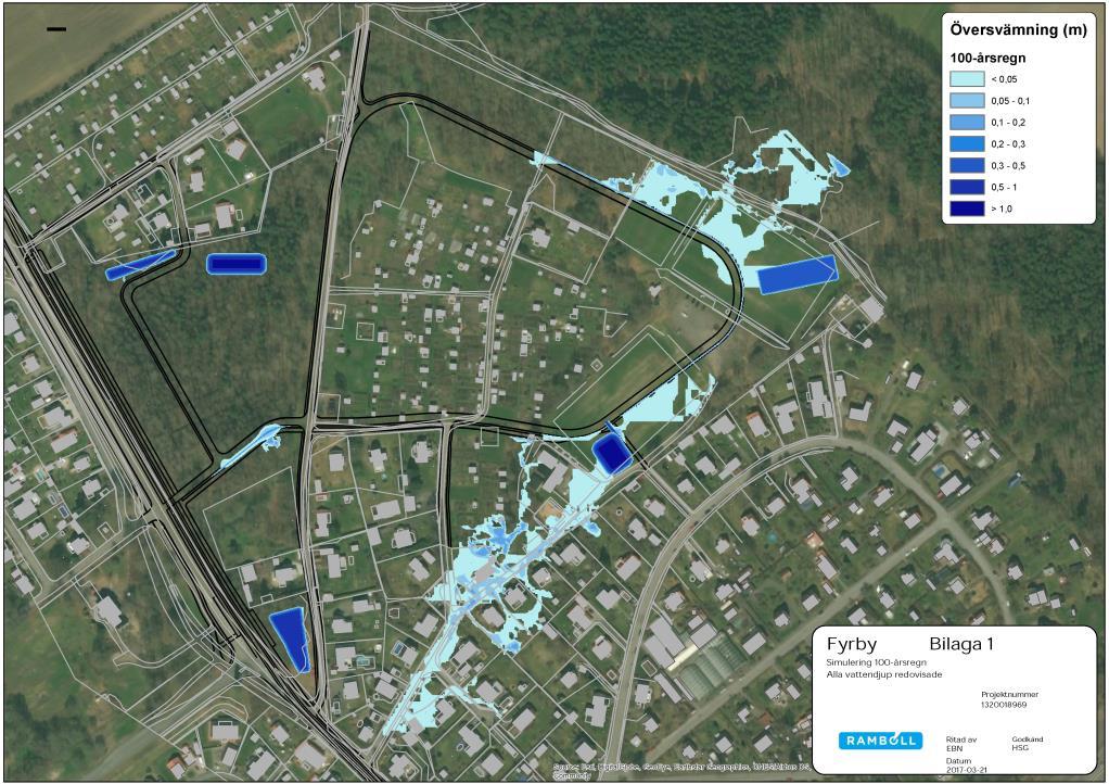 30(50) Rev. Figur 18. Översvämningsanalys vid 20-års regn. De mörkare områdena är där dagvattendammar och fördröjningsåtgärder har föreslagits i detaljplanen. Figur 19.