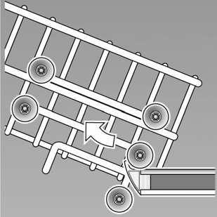 Diskmedel sv Överkorg med övre och undre rullpar. 1. Dra ut överkorgen 1". 2. Ta ut överkorgen och häng tillbaka den på de övre hjulen (nivå 3) respektive de undre hjulen (nivå 1).
