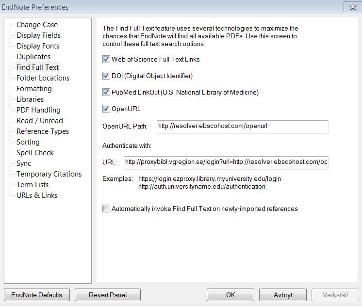 Hitta fulltexter till dina referenser Först måste du lägga in två url:er i EndNote för att hitta de tidskrifter som SU och VGR prenumererar på Gå till meny Edit Öppna Preferences Vidare till Find