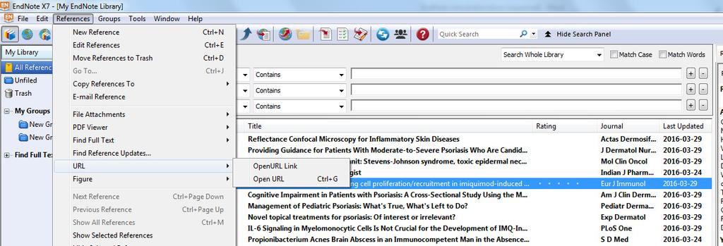 Tänk på att Find Full Text inte är 100% tillförlitlig. Det lönar sig nästan alltid att göra följande: Markera referensen Gå till meny References välj URL - Open URL Link eller Open URL Testa båda.