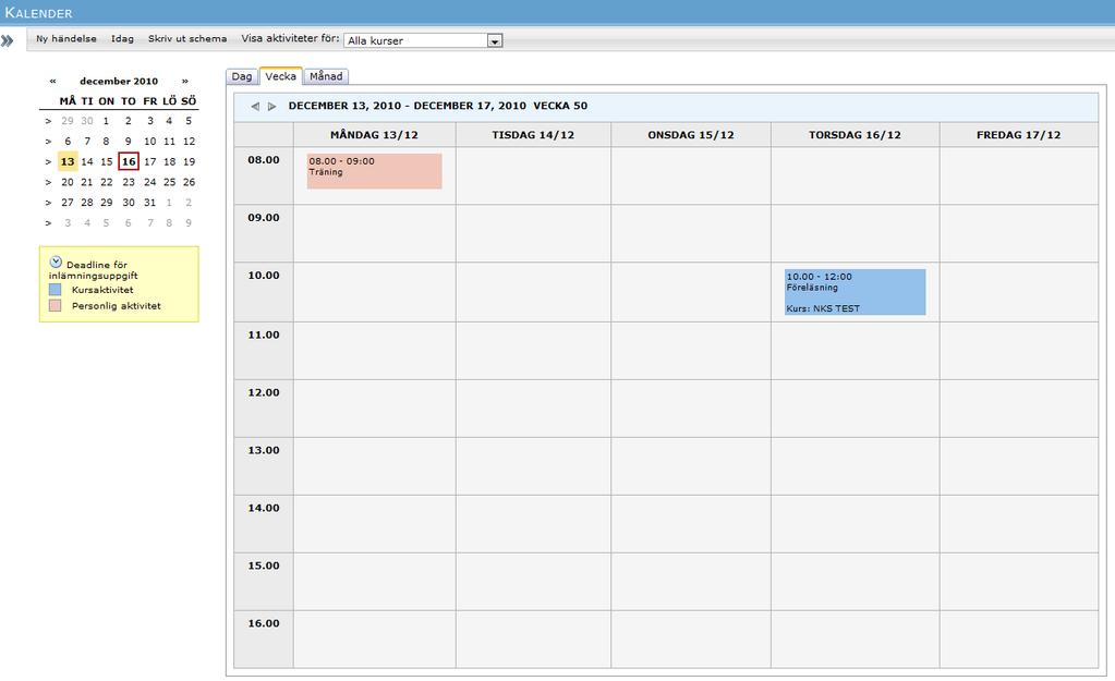 7. Kalender I kalendern får du en överblick över schemalagda kursaktiviteter samt dina egna personliga aktiviteter. Verktygsfältet innehåller funktioner för att hantera kalendern.
