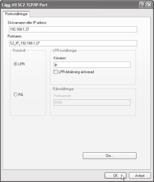 Om skrivardrivrutinen installeras med alternativet "Anpassad installering" med "IPP" markerat, läggs [SC-Print2005 Port] till.