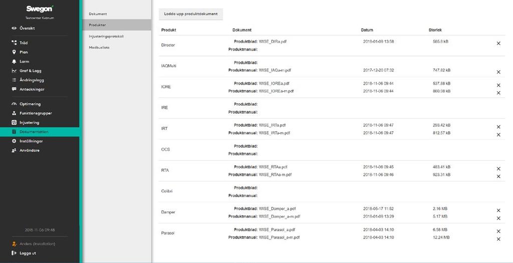 Dokumentation Dokument Här samlas den dokumentation som finns i systemet. Under dokumentation finns fyra val. Dokument, Produkter, Injusteringsprotokoll samt Modbuslista.