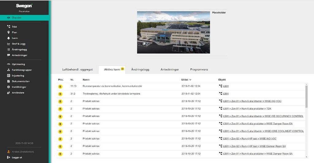 Aktiva larm Visar aktiva larm och systemmeddelanden från WISEsystemet samt GOLD Luftbehandlingsaggregat 1 Visar länk till trädvyn (1) för ytterligare information och hantering.