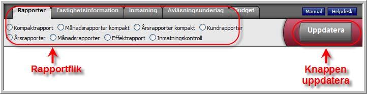 figur 10. När du har valt nivå och ikonen är färgad i strukturen så visas tillgängliga rapporttyper på rapportfliken (se figur 11).