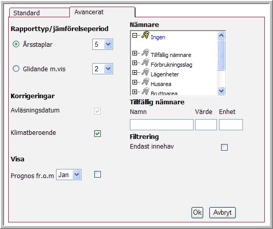 Avancerade inställningar Avancerade inställningar visas i figur 37 och har följande val: Figur 37: Årsrapport avancerade inställningar Rapporttyp/Jämförelseperiod Välj Årsvärden för att visa en
