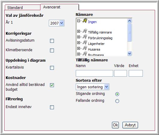 Avancerade inställningar Avancerade inställningar visas i figur 51 och har följande val: Figur 51: Driftsanalys avancerade inställningar Jämförelseår Under Val av jämförelseår och År 1 kan du välja