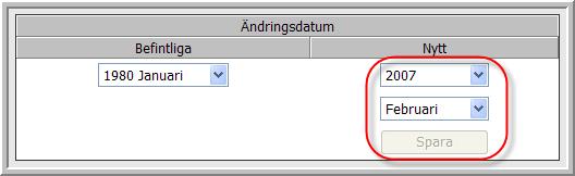 Figur 110: Skapa nytt ändringsdatum Skapa nytt ändringsdatum Skapa nytt Ändringsdatum genom att välja år (2007) och månad (januari) (se figur 110) och klicka på Spara för att spara det.