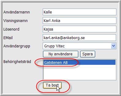 Figur 172: Borttagning av åtkomstbehörighet för en användare Välj struktur eller objekt som du vill ta bort i åtkomstträdet och klicka på