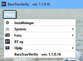 BaraTrav Meny Versin 1.2 BaraTrav är utrustad med en meny sm underlättar för användaren att hitta den funktinalitet sm eftersöks. Menyn är alltid tillgänglig längst upp till vänster i prgramfönstret.
