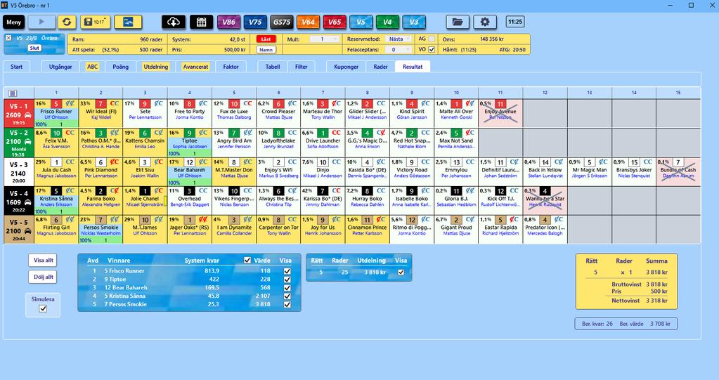 BaraTrav fliken Resultat Versin 1.2 I fliken Resultat rättar du ditt system. Du ser hur många rätt systemet har ch hur många rätt systemet kan få i den gula rutan nere till höger.