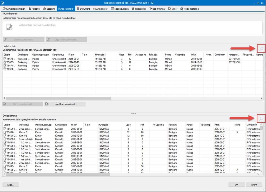 ÖVRIGA KONTRAKT I EGEN DIALOGRUTA När man redigerar ett kontrakt är det nu möjligt att visa listorna "Underkontrakt" och "Övriga kontrakt", som finns under fliken "Övriga kontrakt", i egna