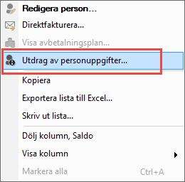 Rapporten når man från personfliken, höger-klicka på personen och välj Utdrag av