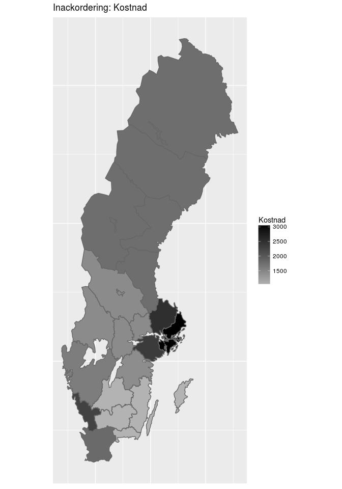 Kod Län Kostnad 01 Stockholm 3062.968 03 Uppsala 2524.406 04 Södermanland 2364.706 05 Östergötland 1416.700 06 Jönköping 1020.000 07 Kronoberg 1020.000 08 Kalmar 1020.000 09 Gotland 1020.