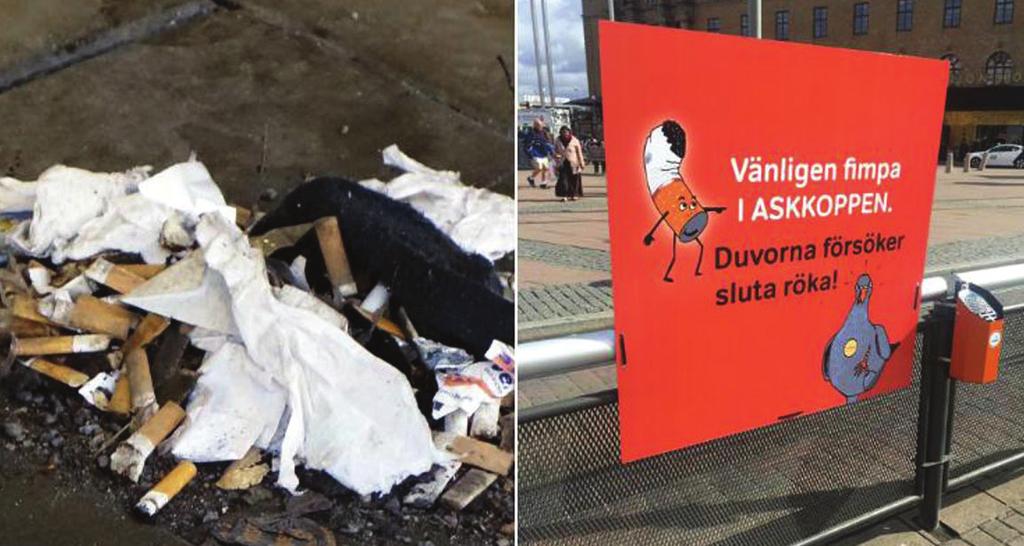 En lösning på fimpskräpet? Kampanjen i Göteborg mot nedskräpning av fimpar gav resultat: Orangefärgade askkoppar med illustrerade skyltar med texten Vänligen fimpa i askkoppen där borta.