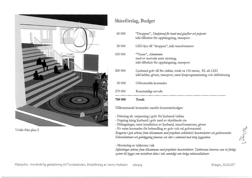 Skissförslag, Budget 60 000 "Droppen", S kulpterad för hand med glasfiber och polyester inkl tillbehör för upphängning, transport 20 000 LED-ljus till "droppen", inkl transformator 100 000 "Visare",