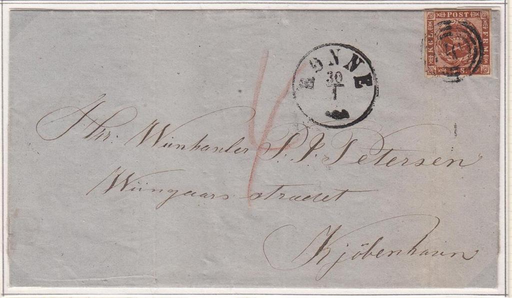 Dansk ispost via Sverige Detta brev som avstämplats i Rönne på Bornholm den 30 januari 1861 med adress Köpenhamn hade vissa svårigheter att komma fram.