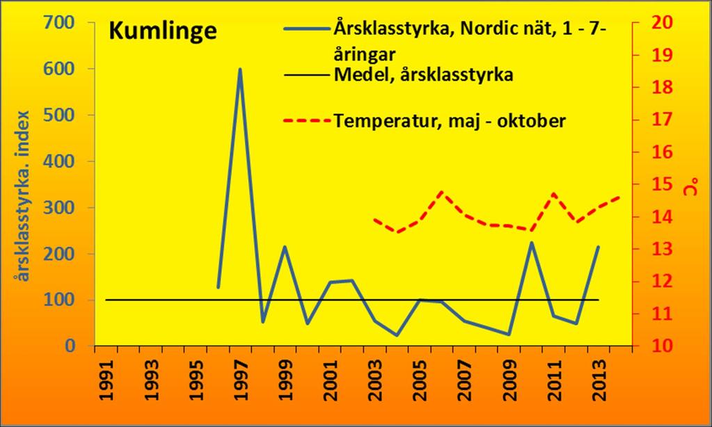 Indikatorer Nordic-nät Årsklasstyrka och prognos för abborre vid Kumlinge Årsklasstyrkan varierar starkt mellan åren.