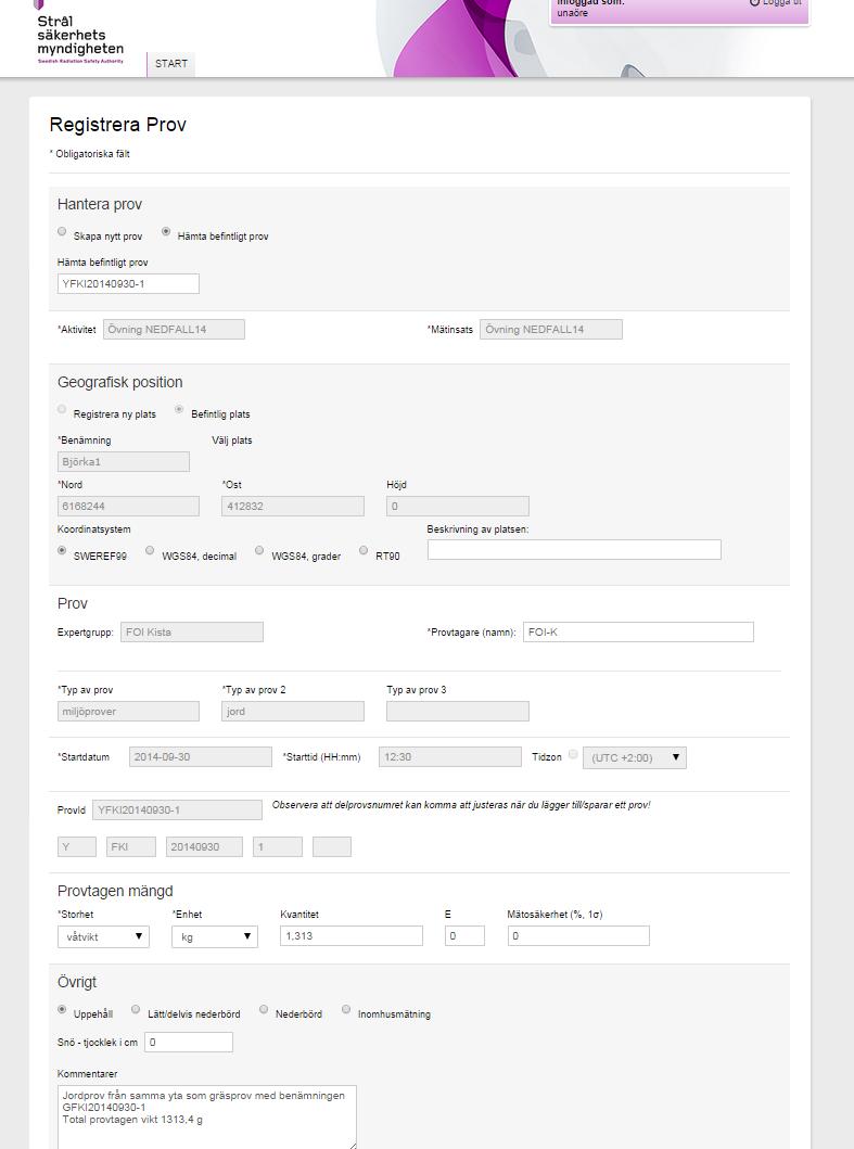 Registrering av prover Position