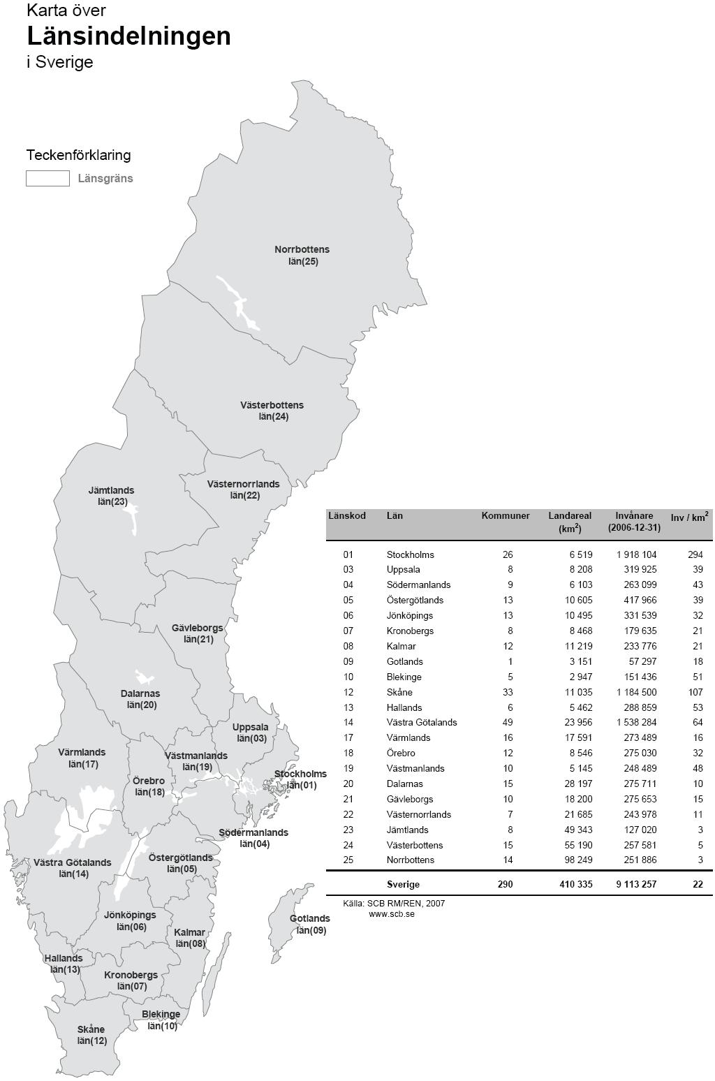 4.1.5 Regionala indelningar och skogsmarksareal Sverige består av 21 län (se figur 5) och 290 kommuner (Statistiska centralbyrån 2008).