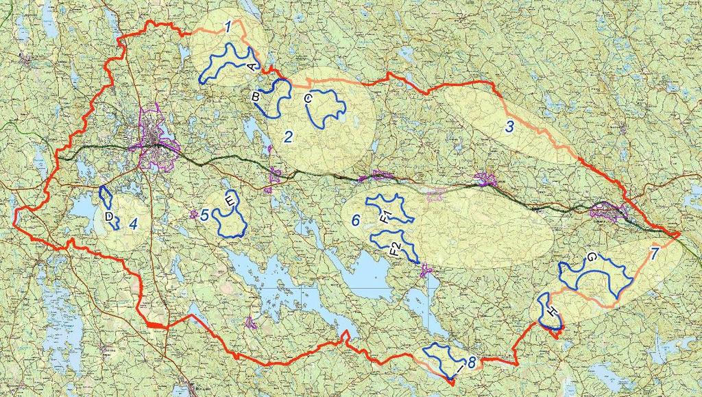 Stor påverkan Måttlig påverkan Begränsad påverkan Figur 28: Fördjupad landskapsanalys för ursprungligt planförslag med 10 vindbruksområden med bedömning av påverkan av landskapsbilden för respektive