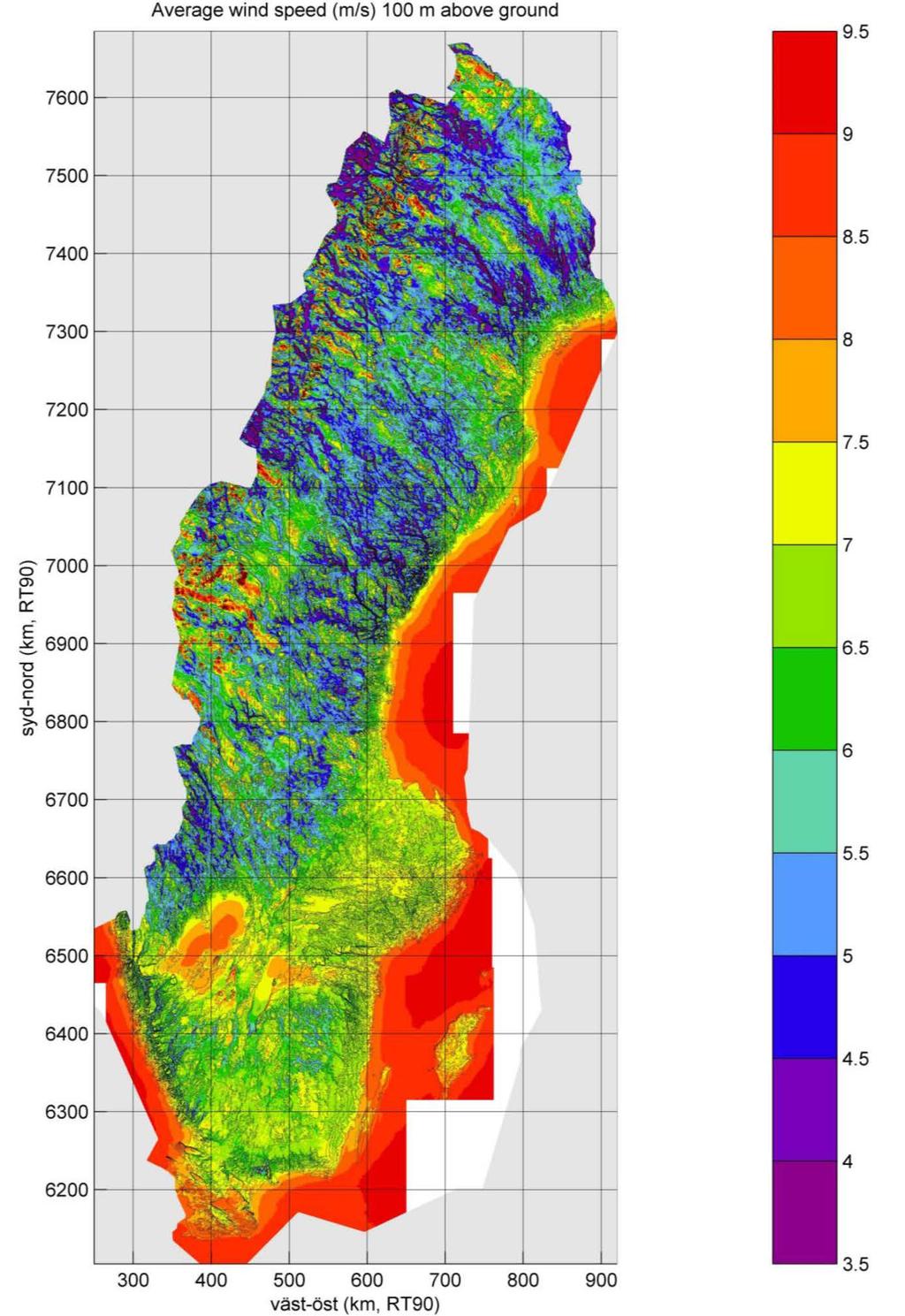 Figur 29: Kartan visar nationella vindkarteringen från 2011 på