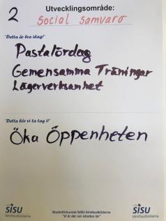 Utvecklingsområde: Social Samvaro Detta är bra idag! Pastalördagarna inkl. träningarna På tävlingarna Göra egna tävlingar Torsdagträningarna, alla tränar ihop Liten klubb.